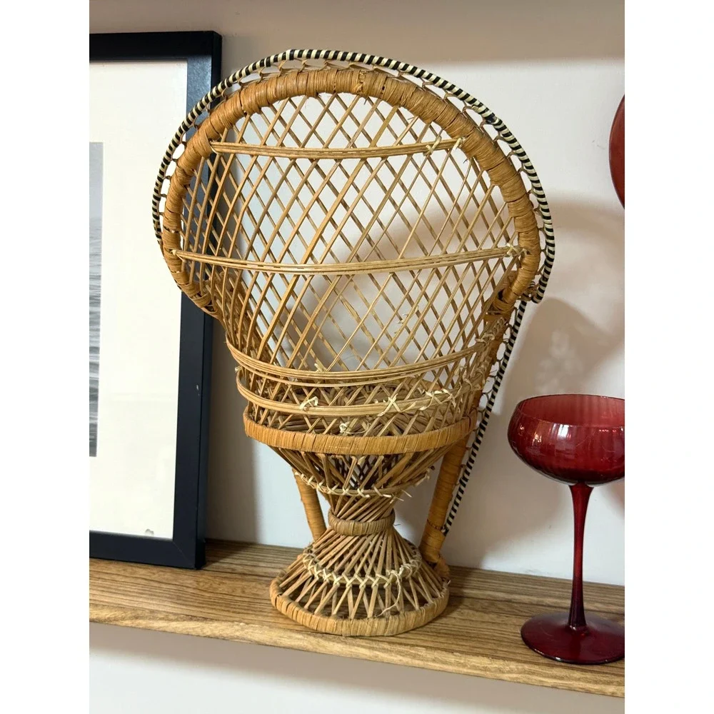Vintage Mini Peacock Chair Wicker Rattan Boho Doll Plant Display